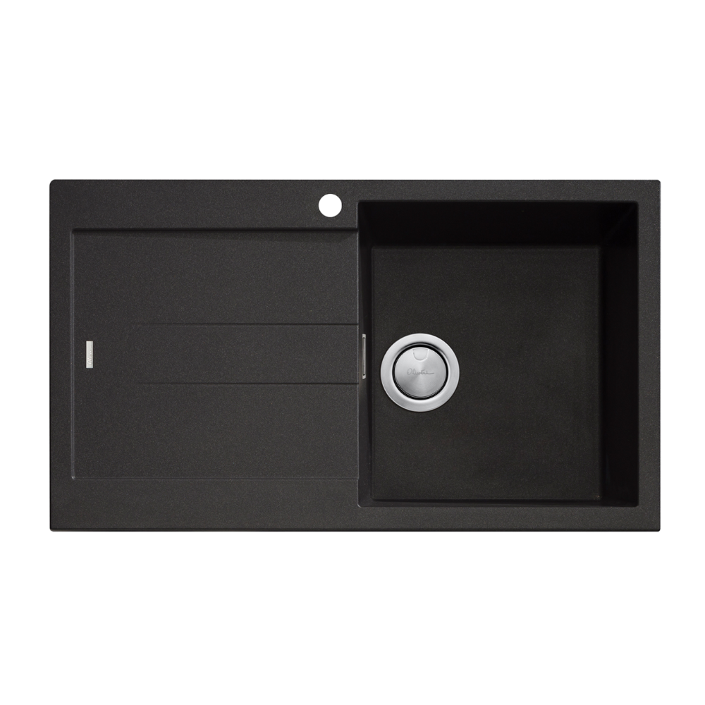 Oliveri Santorini Single Sink, Right Hand Bowl with Drainer, Topmount, 840x480mm, with Overflow, Black, ST-BL1522 OF