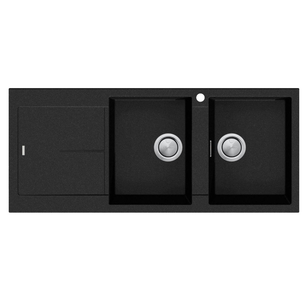 Oliveri Santorini Double Right Hand Bowl Sink with Drainer, Topmount, 1140x480mm, with Overflow, Matte Black, ST-MB1517 OF
