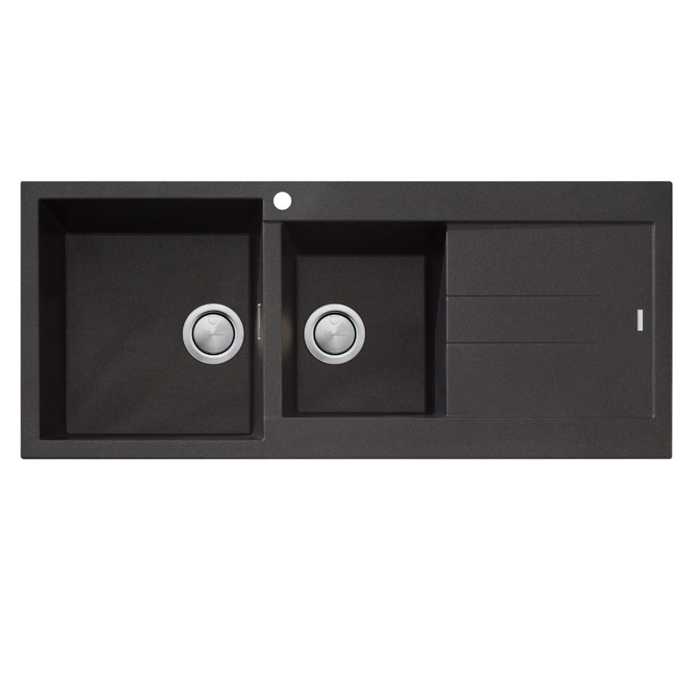 Oliveri Santorini Sink 1 & 3/4 Left Hand Bowl Sink with Drainer, Topmount, 1140x480mm, with Overflow, Black, ST-BL1511 OF