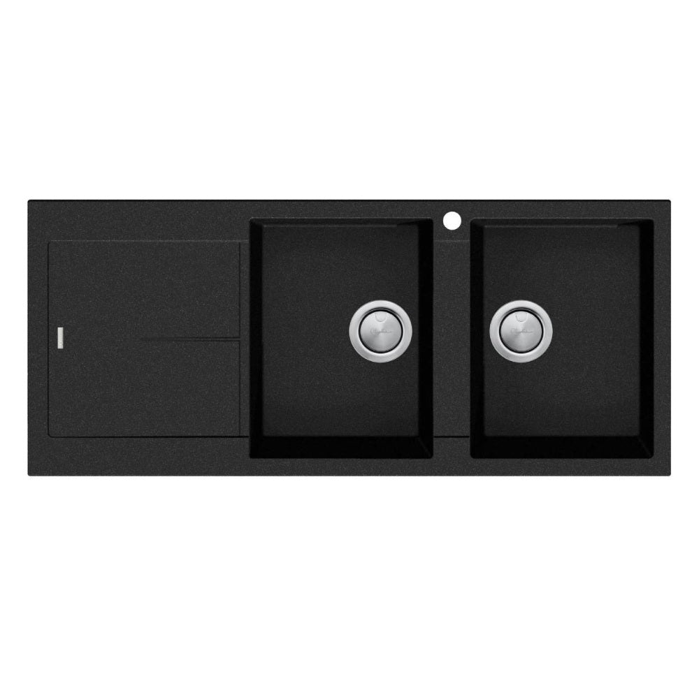 Delete Oliveri Santorini Double Sink with Drainer, Right Hand Bowl, Topmount, 1140x480mm, Black, ST-BL1515 RHB