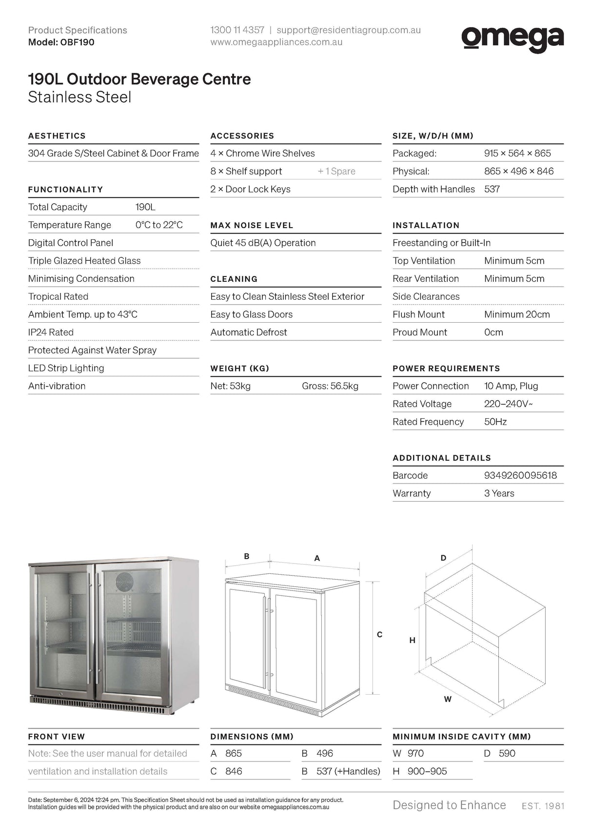 Omega OBF190 190L Outdoor Stainless Steel Beverage Centre
