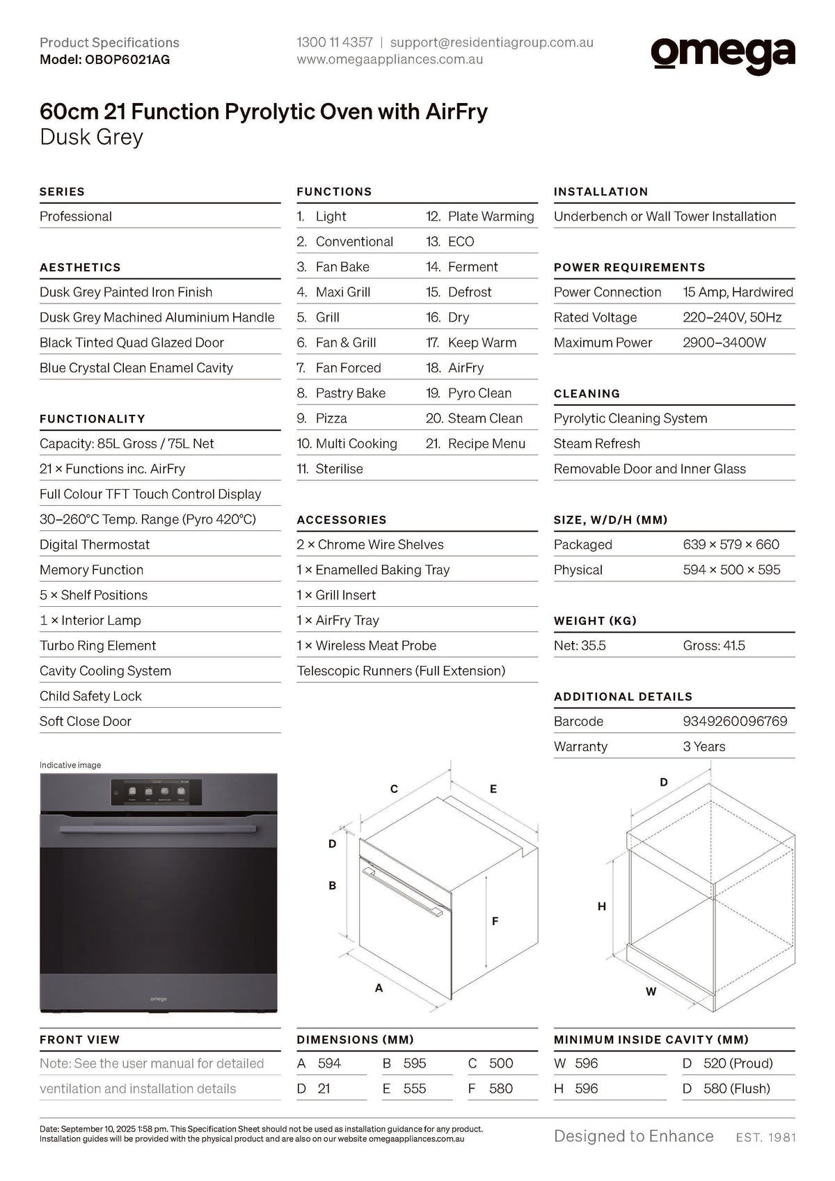 Omega OBOP6021AG 60cm 21 Function Pyrolytic Oven with AirFry, Dusk Grey