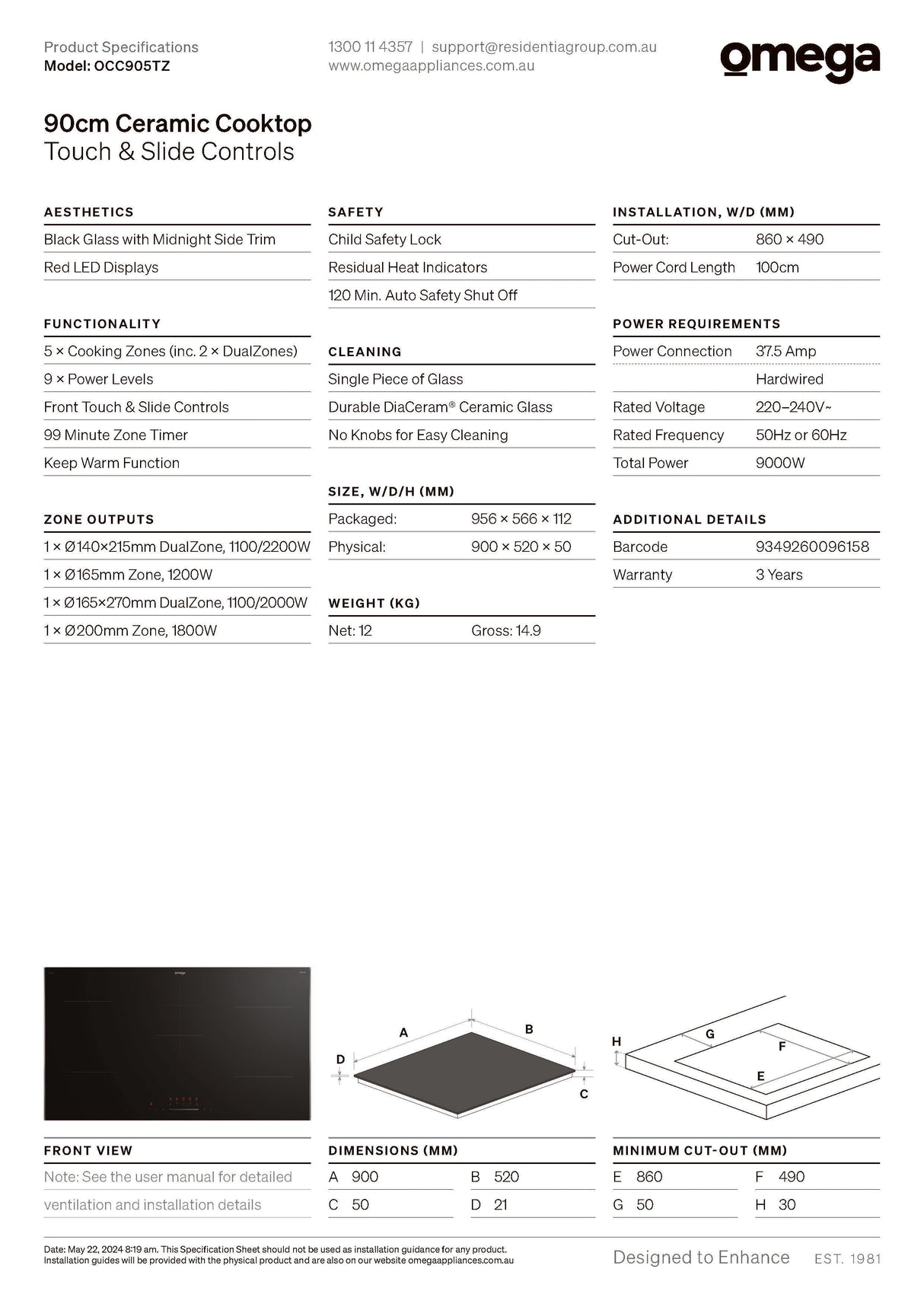 Omega OCC905TZ 90cm Ceramic Electric Cooktop, Touch Controls