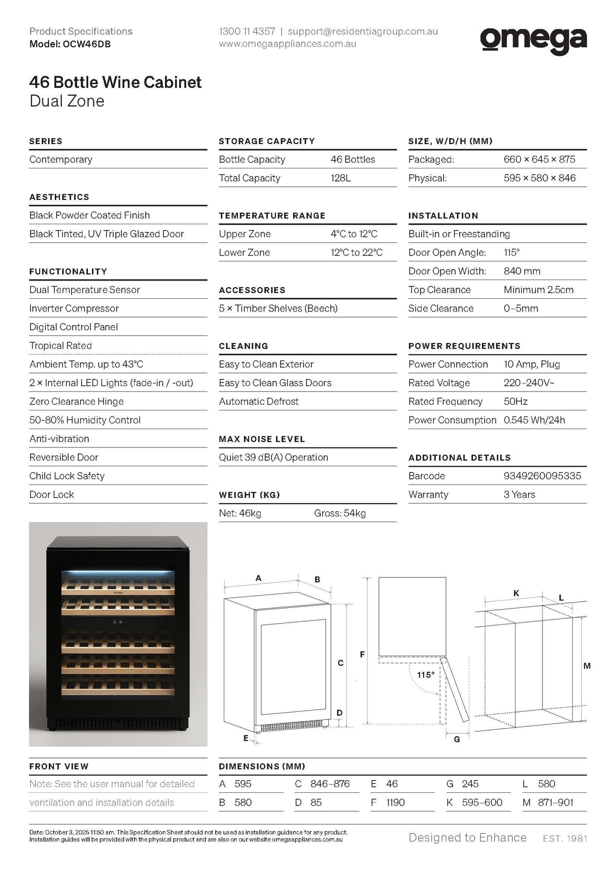 Omega OCW46DB 46 Bottle Dual Zone Wine Cabinet