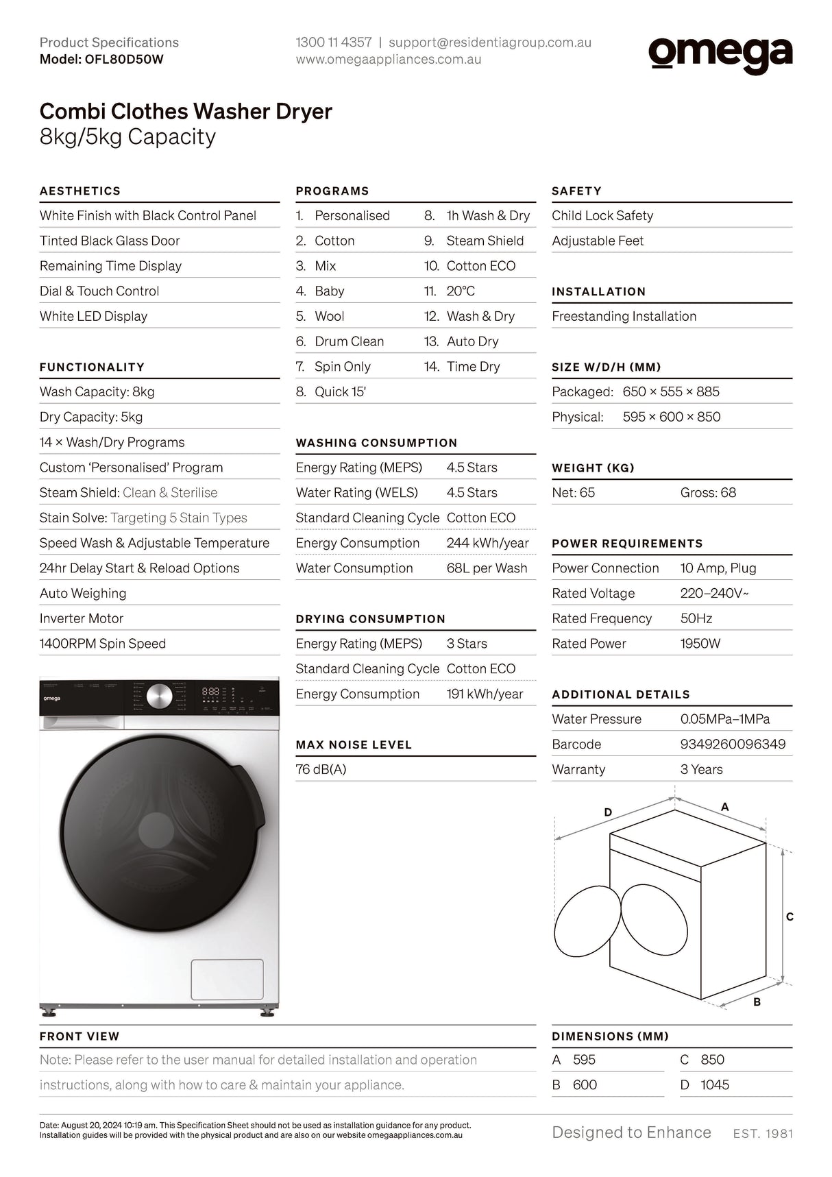 Omega OFL80D50W 8kg/5kg Combi Clothes Washer & Dryer