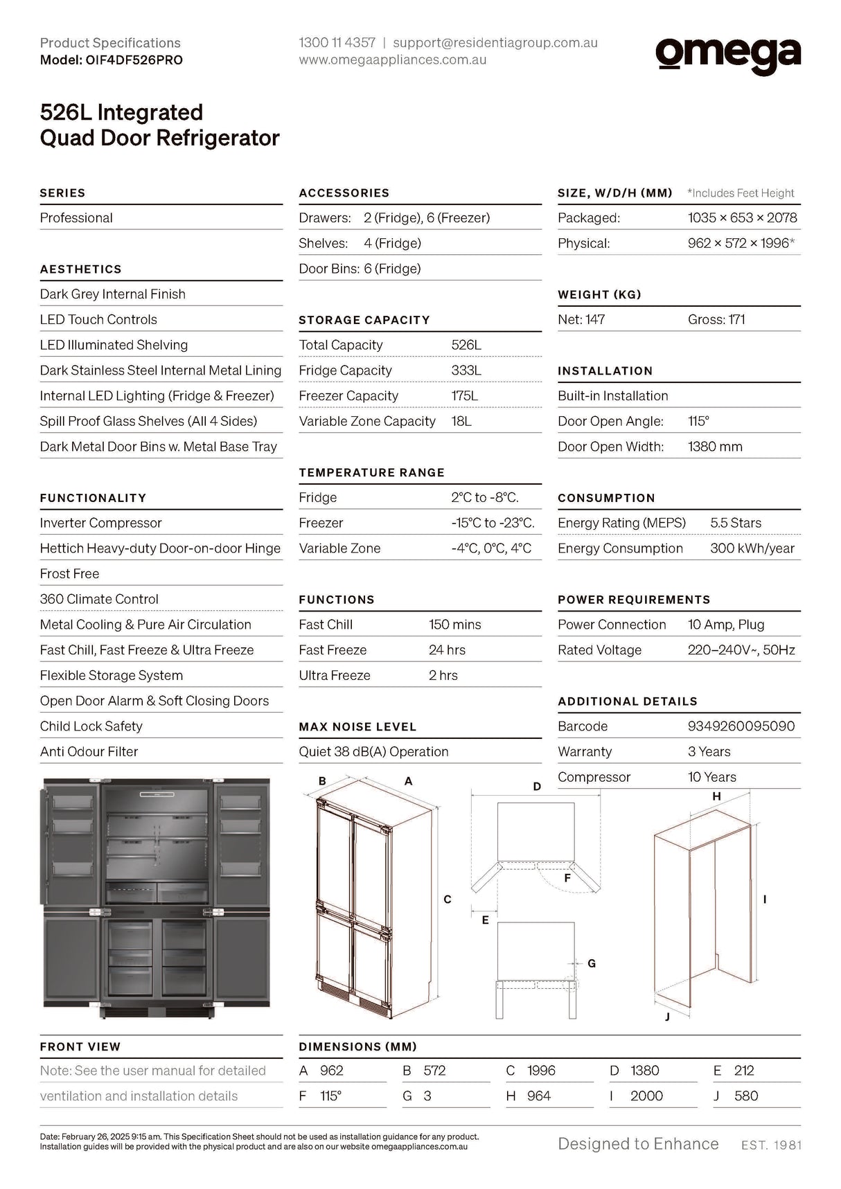 Omega OIF4DF526PRO 526L Integrated Quad Door Refrigerator