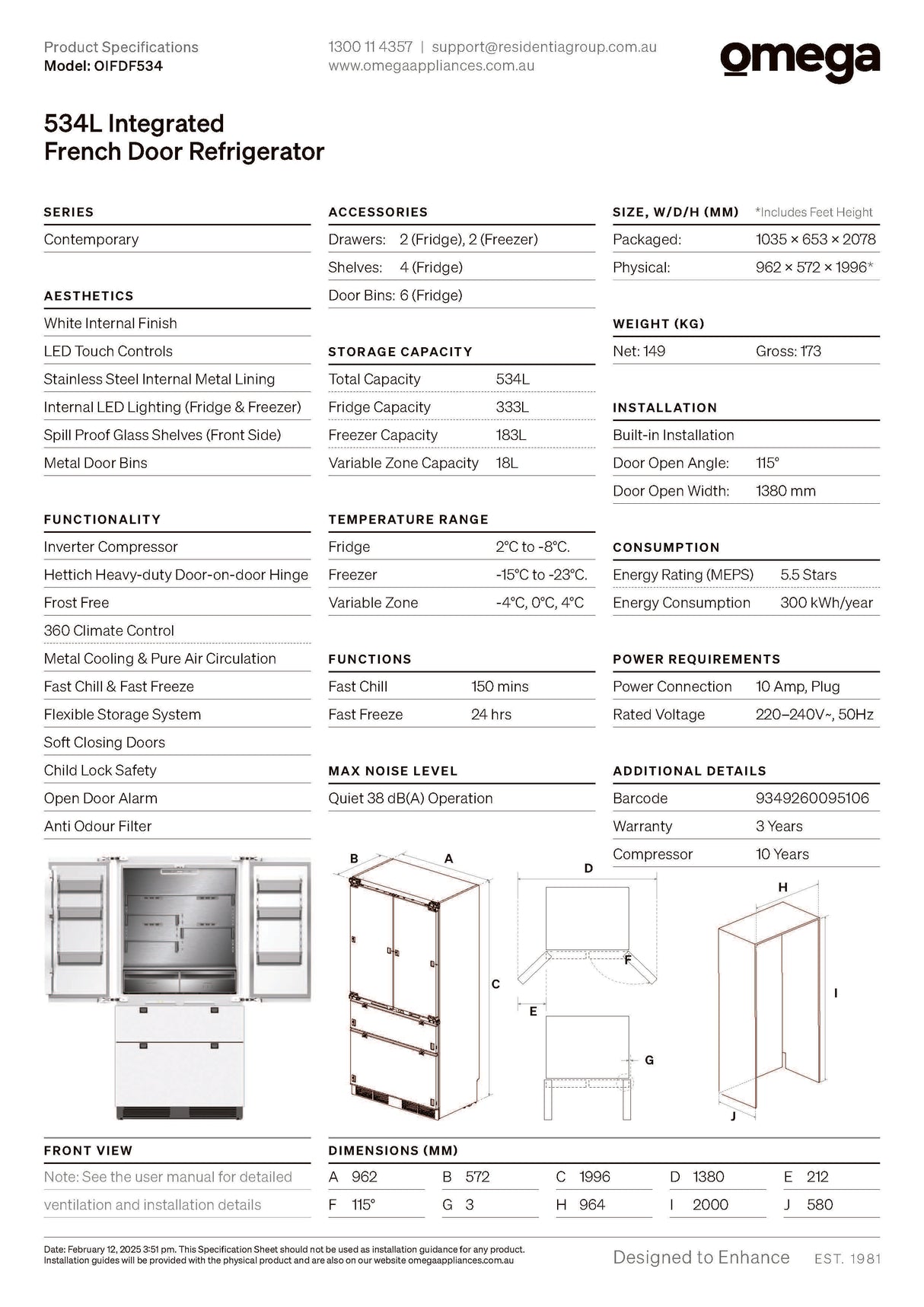 Omega OIFDF534 534L Integrated French Door Refrigerator