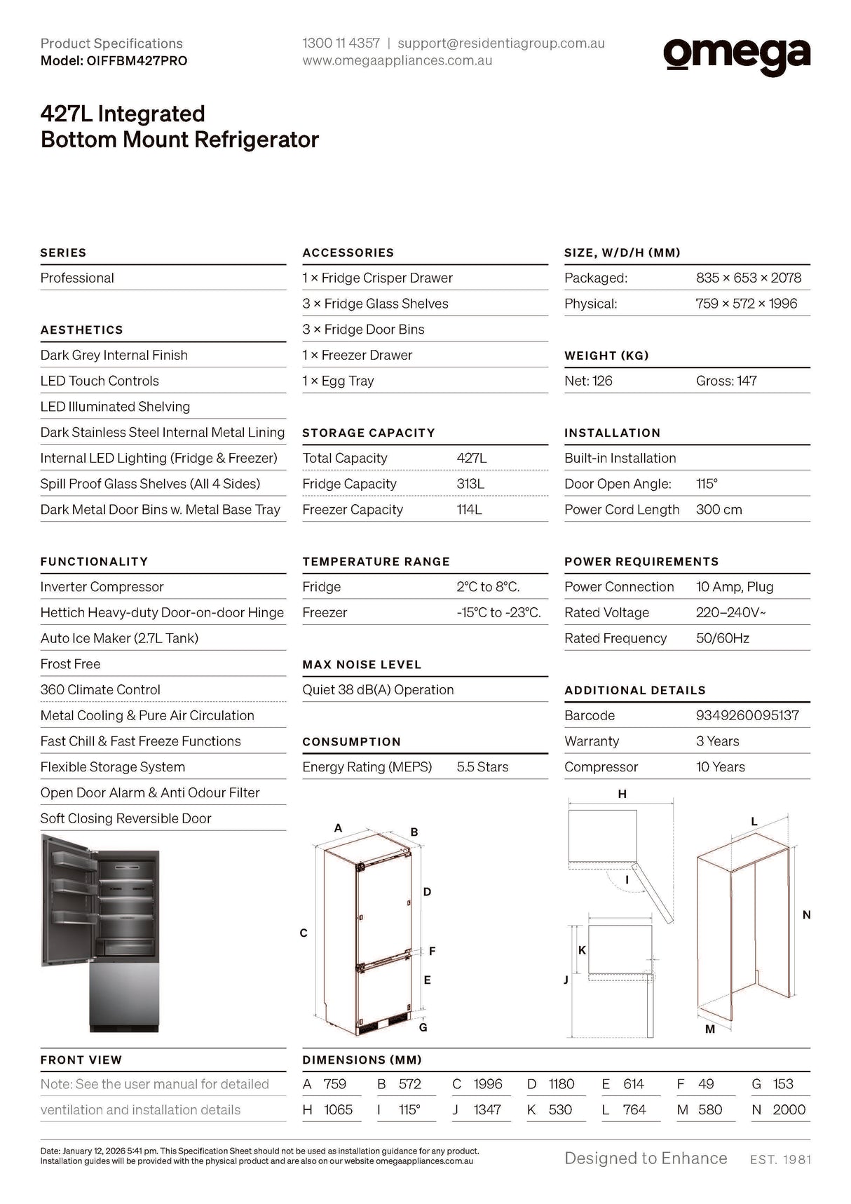 Omega OIFFBM427PRO 427L Integrated Bottom Mount Refrigerator