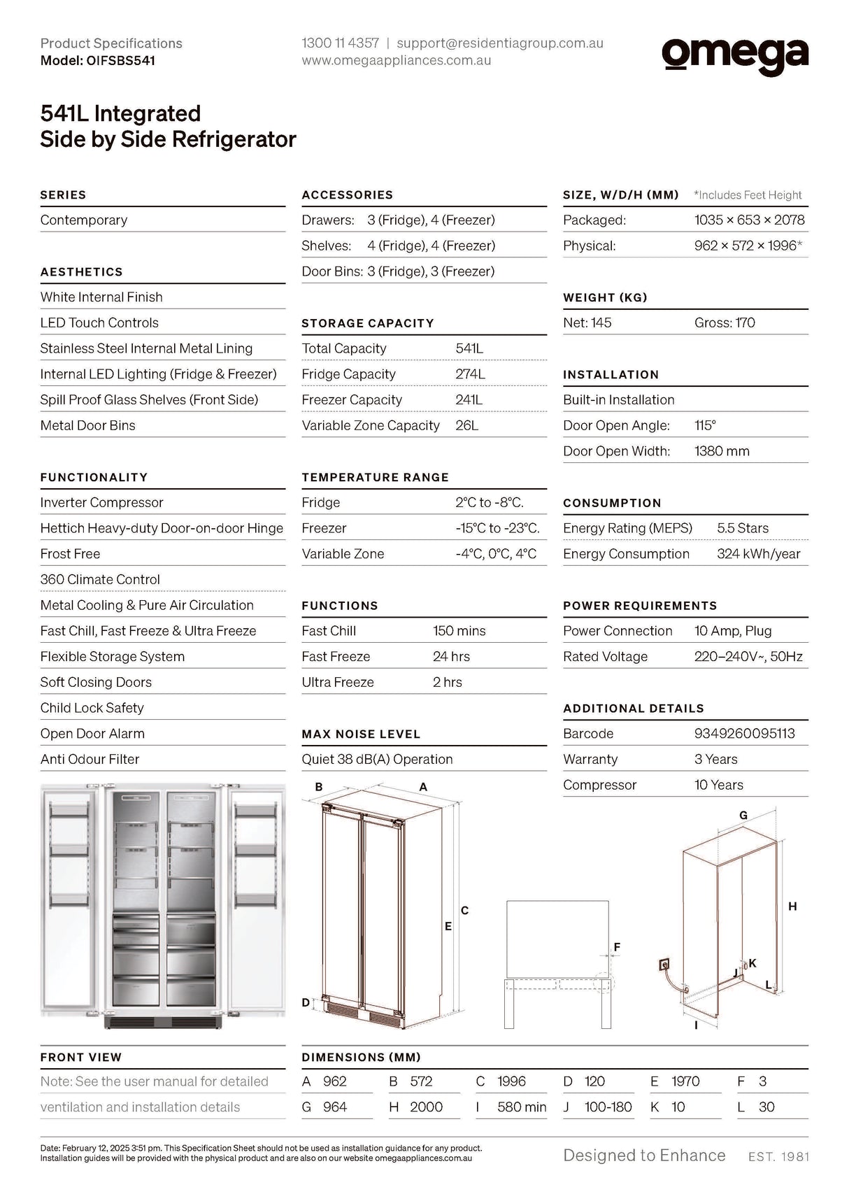 Omega OIFSBS541 541L Integrated Side by Side Refrigerator