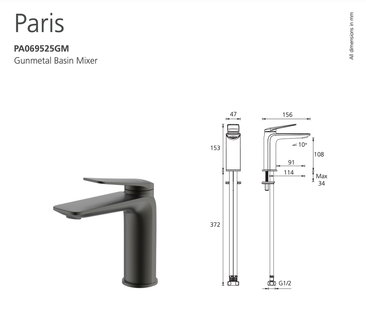 Oliveri Paris PA069525GM Gun Metal Basin Mixer - Online Only