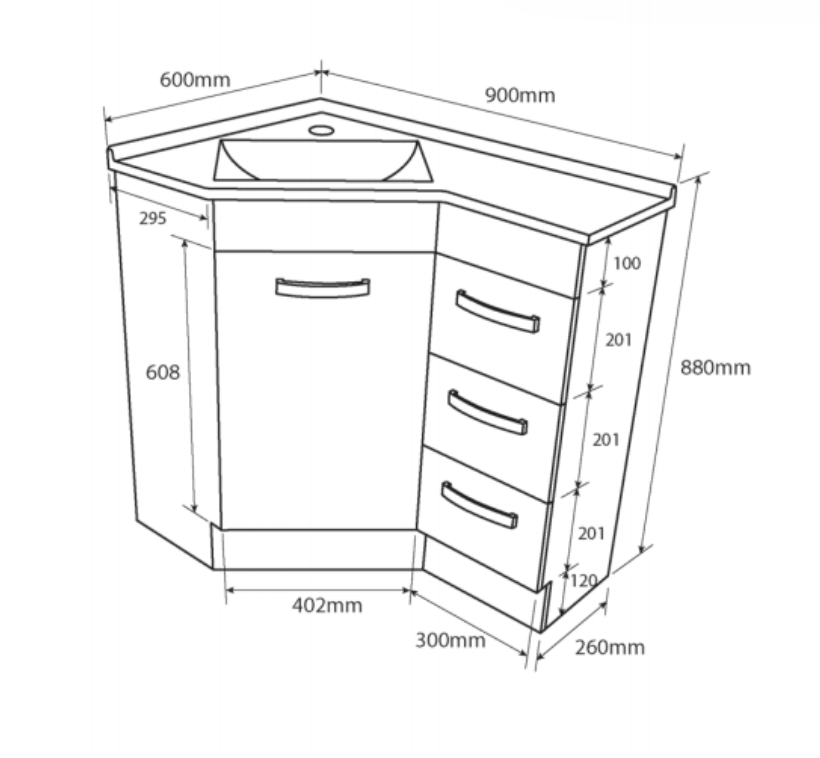 Fienza Pc6090 Corner 600X900 Vanity Unit White - Special Order Units