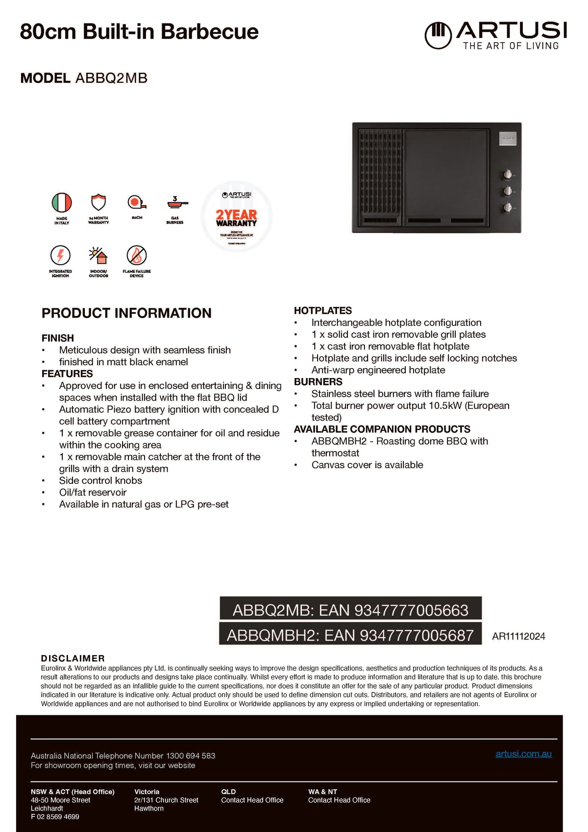 Artusi ABBQ2MB 80cm Matte Black Built-In BBQ