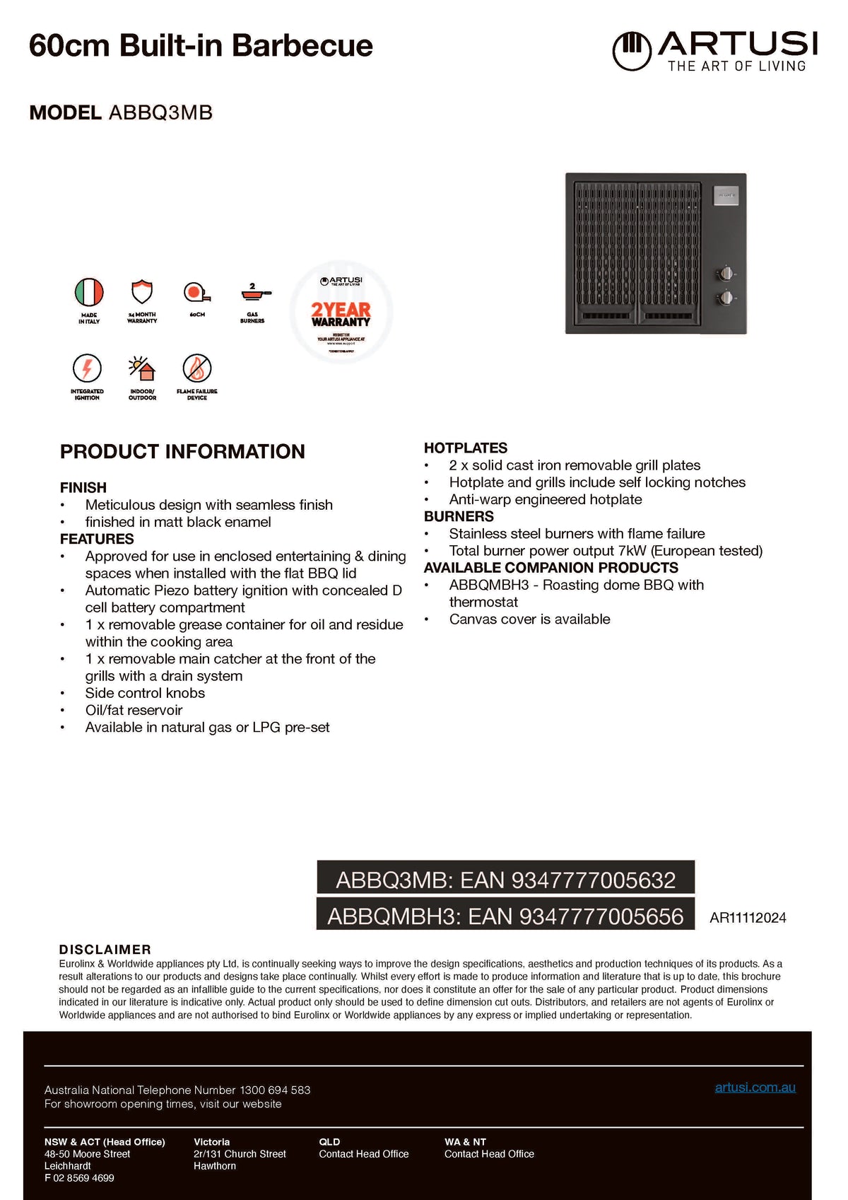 Artusi ABBQ3MB 60cm Matte Black Built-In BBQ