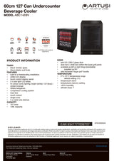 Artusi ABC142BV Beverage Centre, Reversable Door, Matte Black