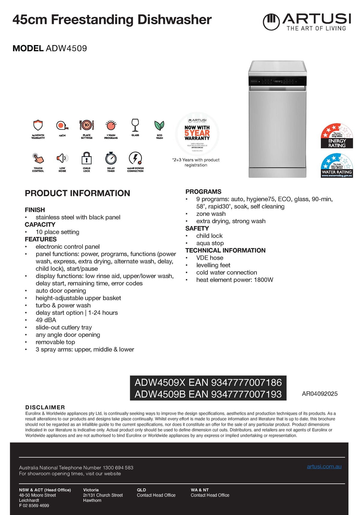 Artusi ADW4509 45cm Freestanding Dishwasher