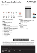 Artusi ADW4509 45cm Freestanding Dishwasher