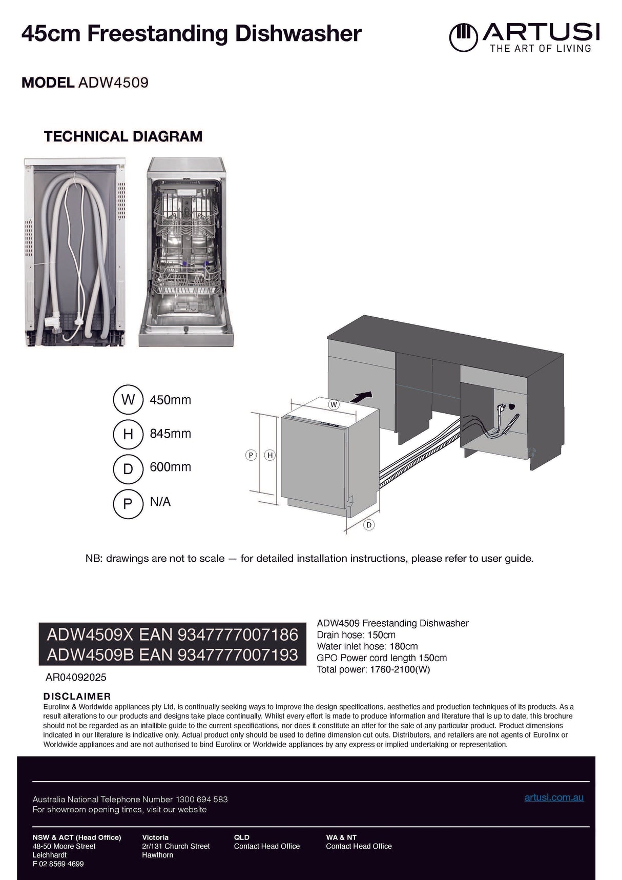 Artusi ADW4509 45cm Freestanding Dishwasher