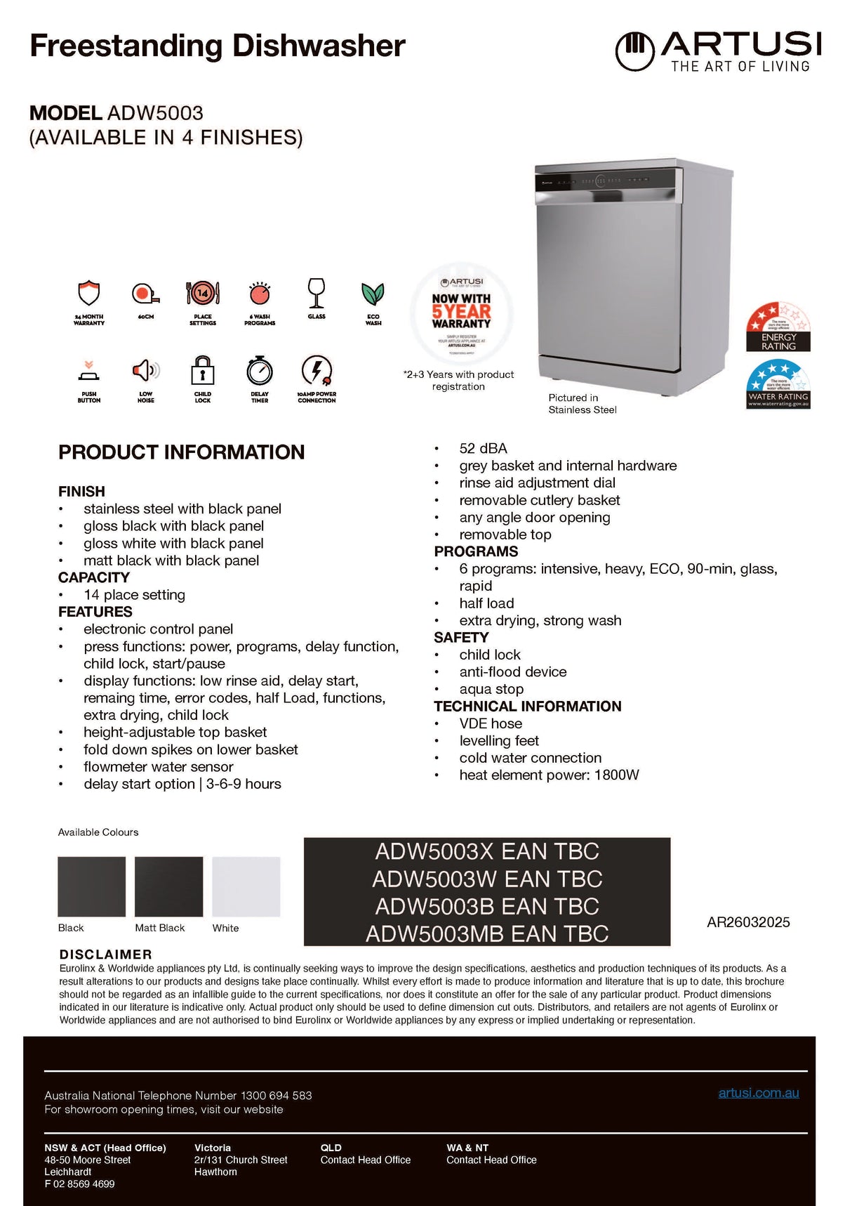 Artusi ADW5003B 60cm Freestanding Dishwasher, Black