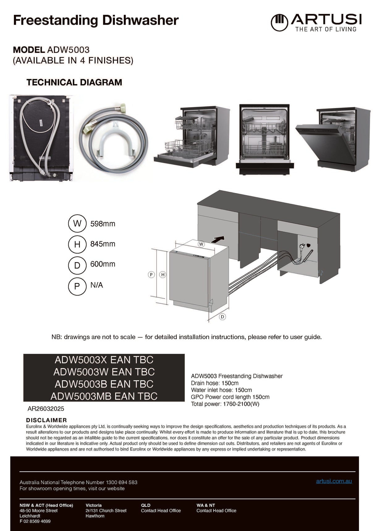 Artusi ADW5003B 60cm Freestanding Dishwasher, Black