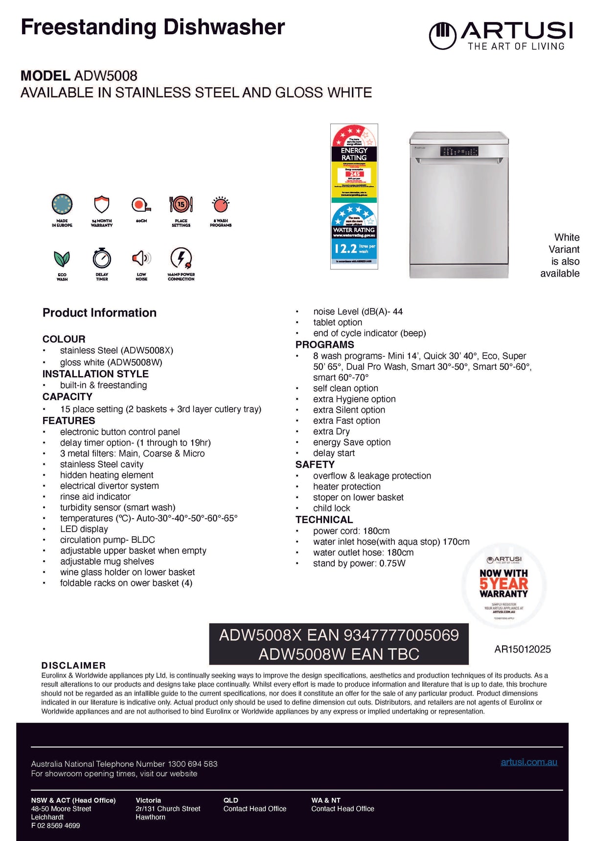 Artusi ADW5008 60cm Freestanding Dishwasher