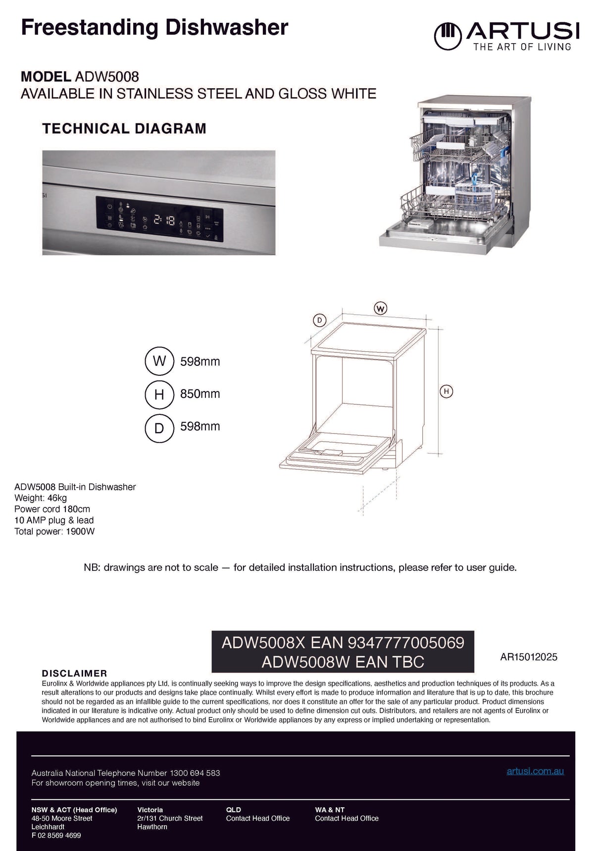 Artusi ADW5008 60cm Freestanding Dishwasher
