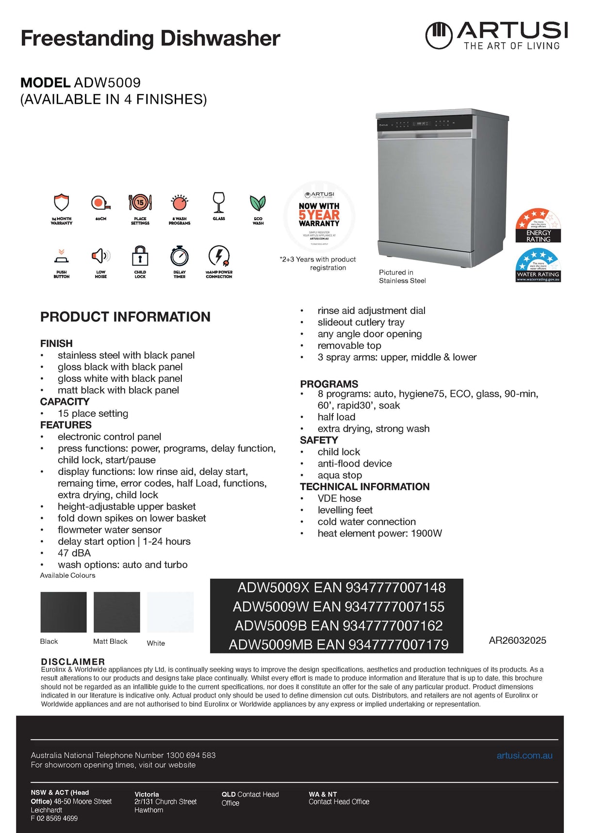 Artusi ADW5009B Freestanding 60cm Dishwasher, Black