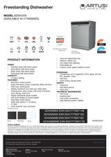 Artusi ADW5009B Freestanding 60cm Dishwasher, Black