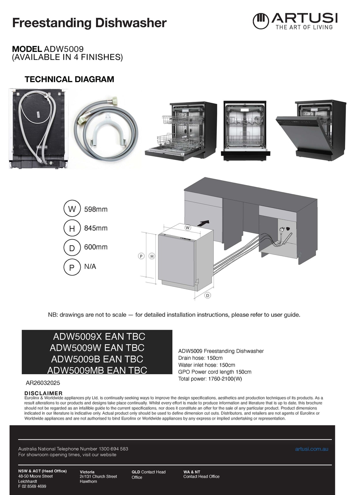 Artusi ADW5009B Freestanding 60cm Dishwasher, Black