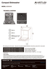 Artusi ADW5608B Built-In 60cm Dishwasher, Black Glass