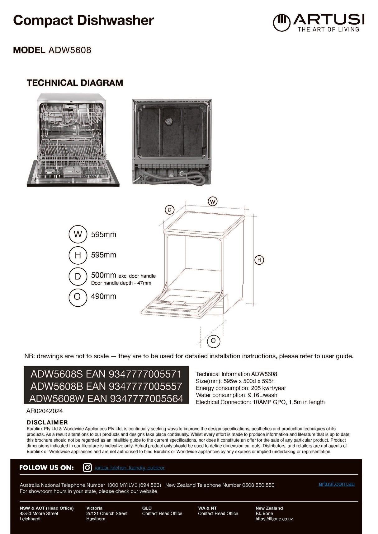 Artusi ADW5608W Built-In 60cm Dishwasher, White Glass
