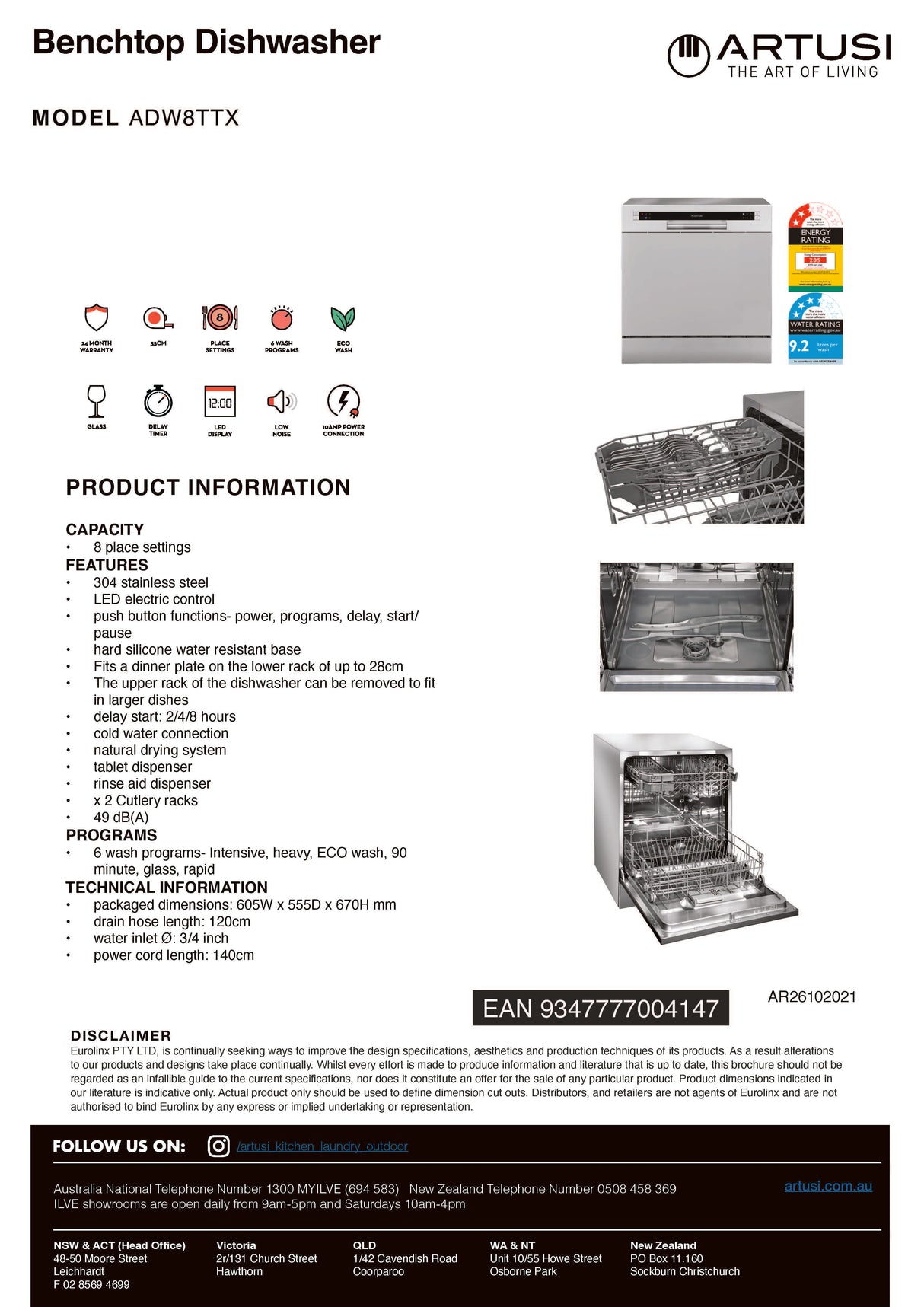 Artusi ADW8TTX Benchtop Dishwasher, Stainless Steel