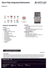 Artusi ADWFI451 45cm Fully Integrated Dishwasher