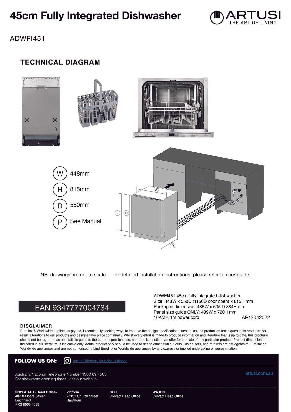 Artusi ADWFI451 45cm Fully Integrated Dishwasher