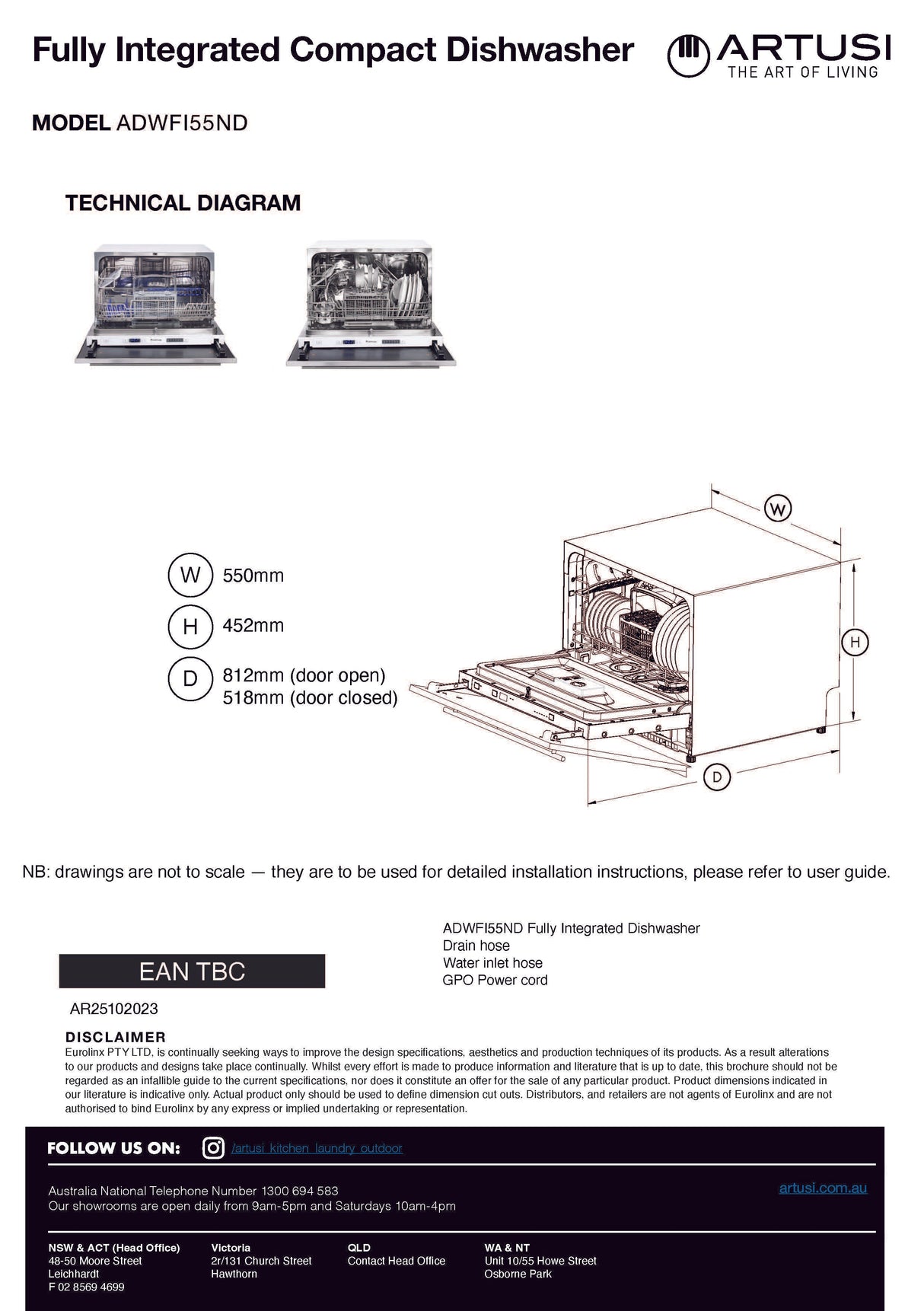 Artusi ADWFI55ND 60cm Fully Integrated Dishwasher