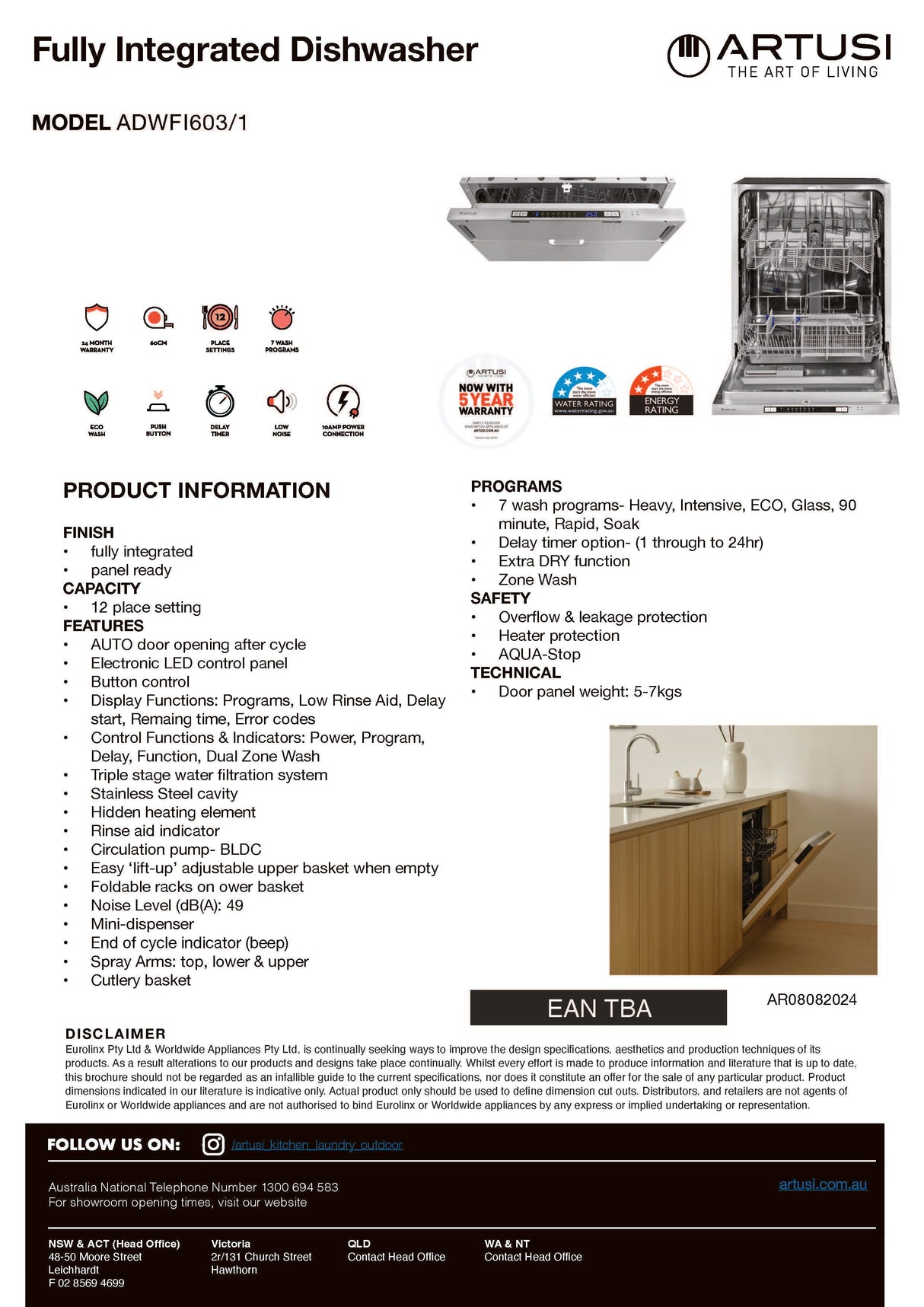 Artusi ADWFI603/1 60cm Fully Integrated Dishwasher