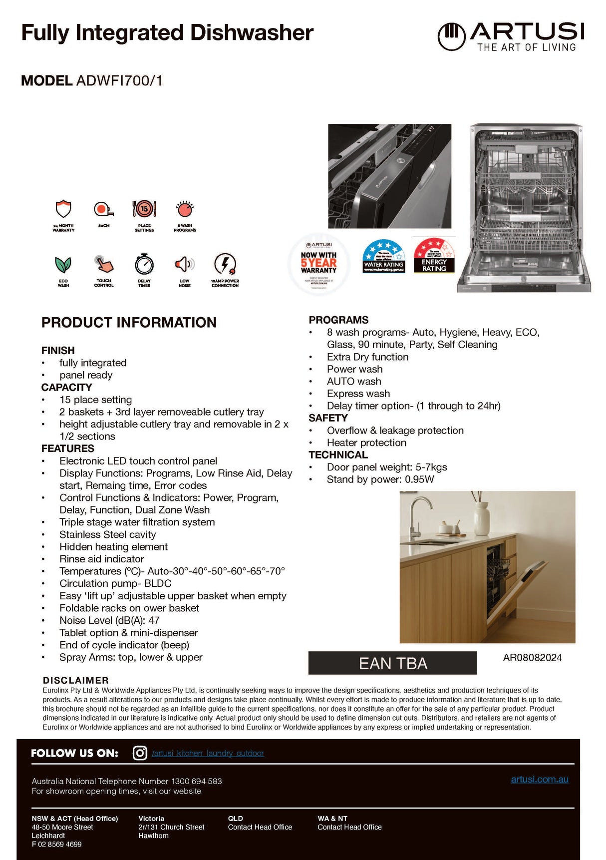 Artusi ADWFI700/1 60cm Fully Integrated Dishwasher