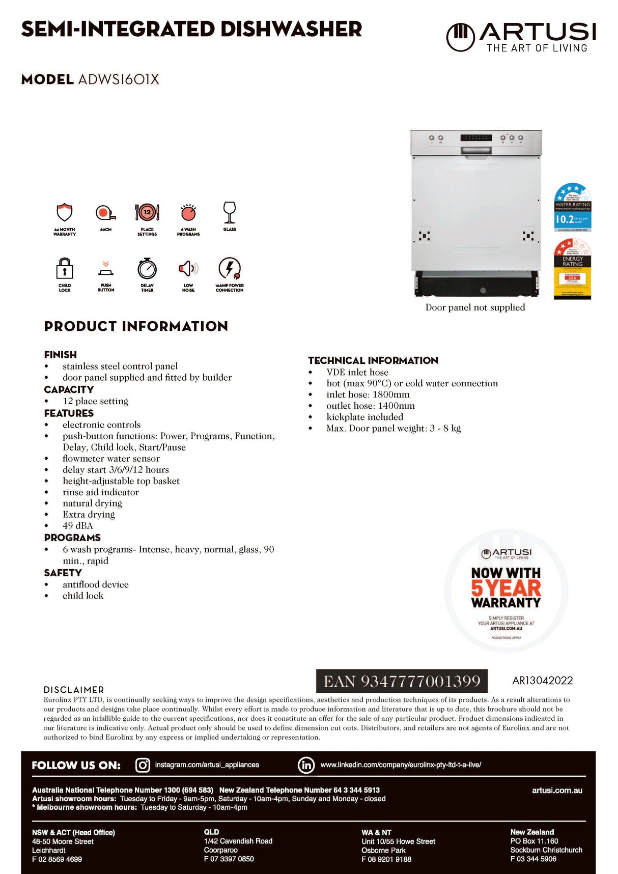 Artusi ADWSI601X Semi integrated Dishwasher, Stainless Steel