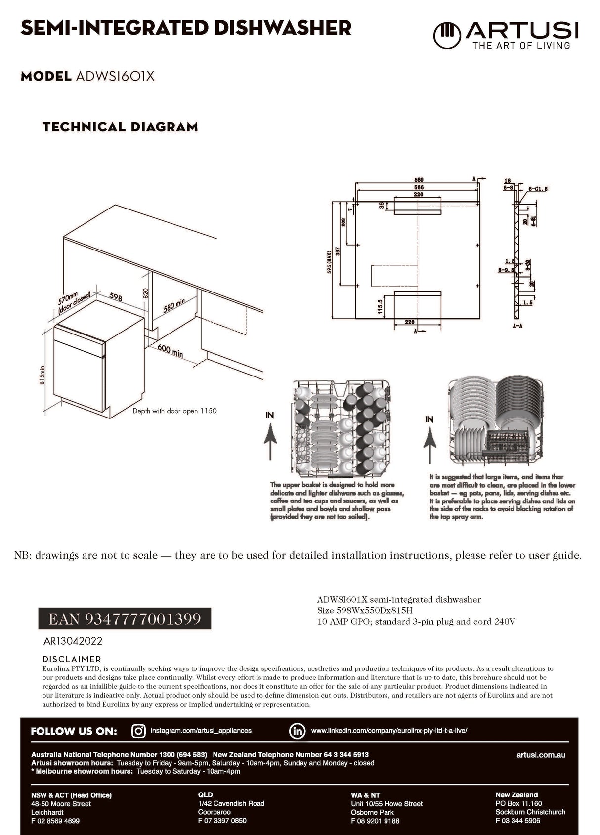 Artusi ADWSI601X Semi integrated Dishwasher, Stainless Steel