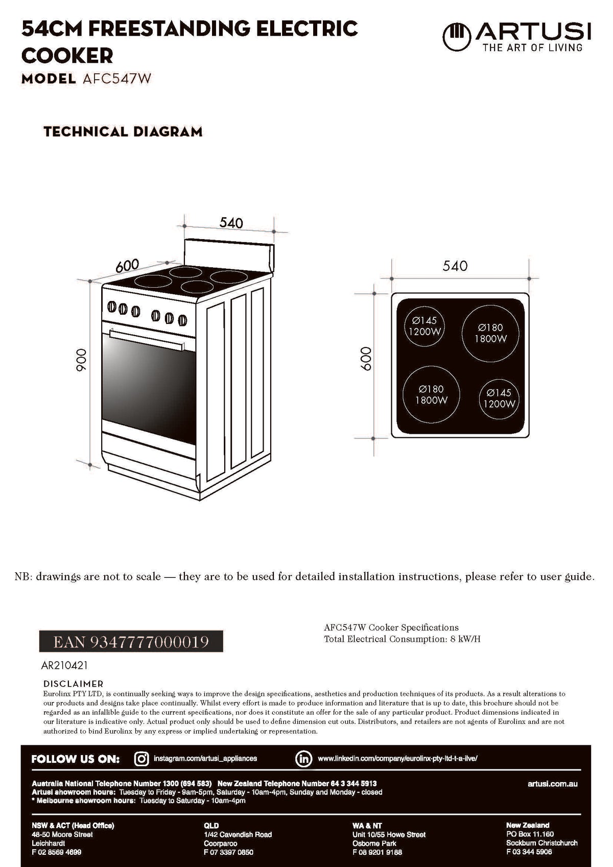 Artusi AFC547W 54cm Electric Freestanding Stove with Ceramic Top, White