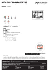 Artusi AGH65X 60cm Stainless Steel Gas Cooktop