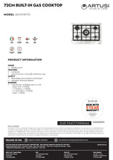 Artusi AGH71XFFD 70cm Stainless Steel Gas Cooktop