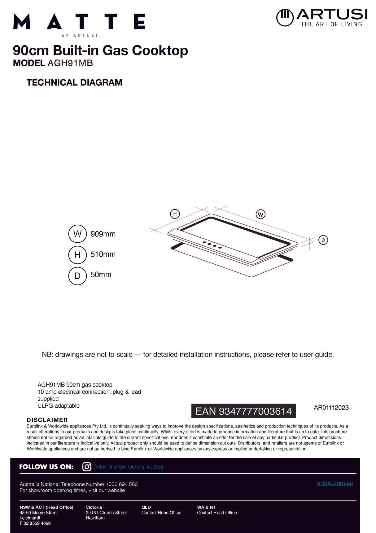 Artusi AGH91MB 90cm Black Finish Gas Cooktop