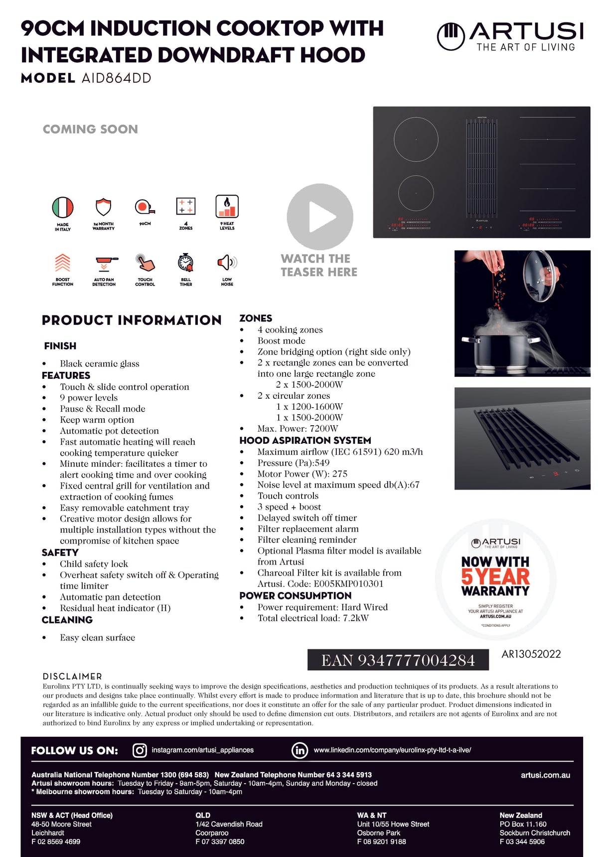 Artusi AID864DD 90cm Induction Cooktop with Integrated Aspiration