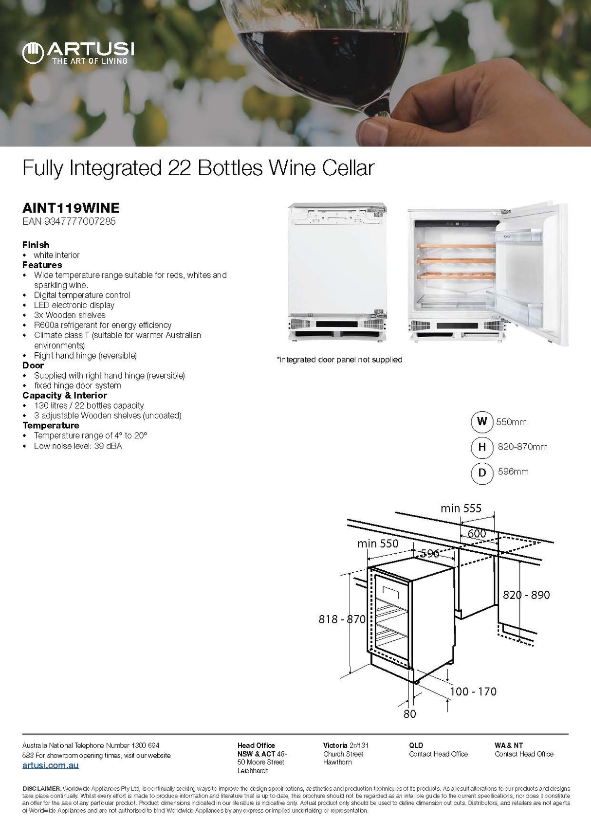 Artusi AINT119WINE Fully Integrated 22 Bottle Wine Cellar