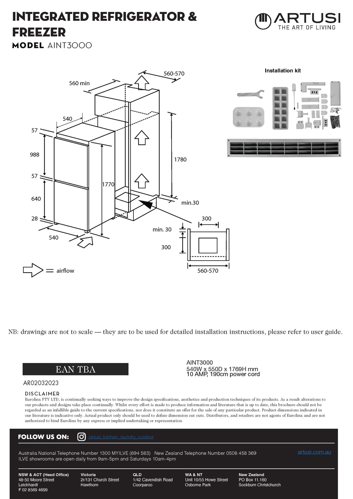 Artusi AINT3000 241L 60cm Integrated Bottom Mount Fridge