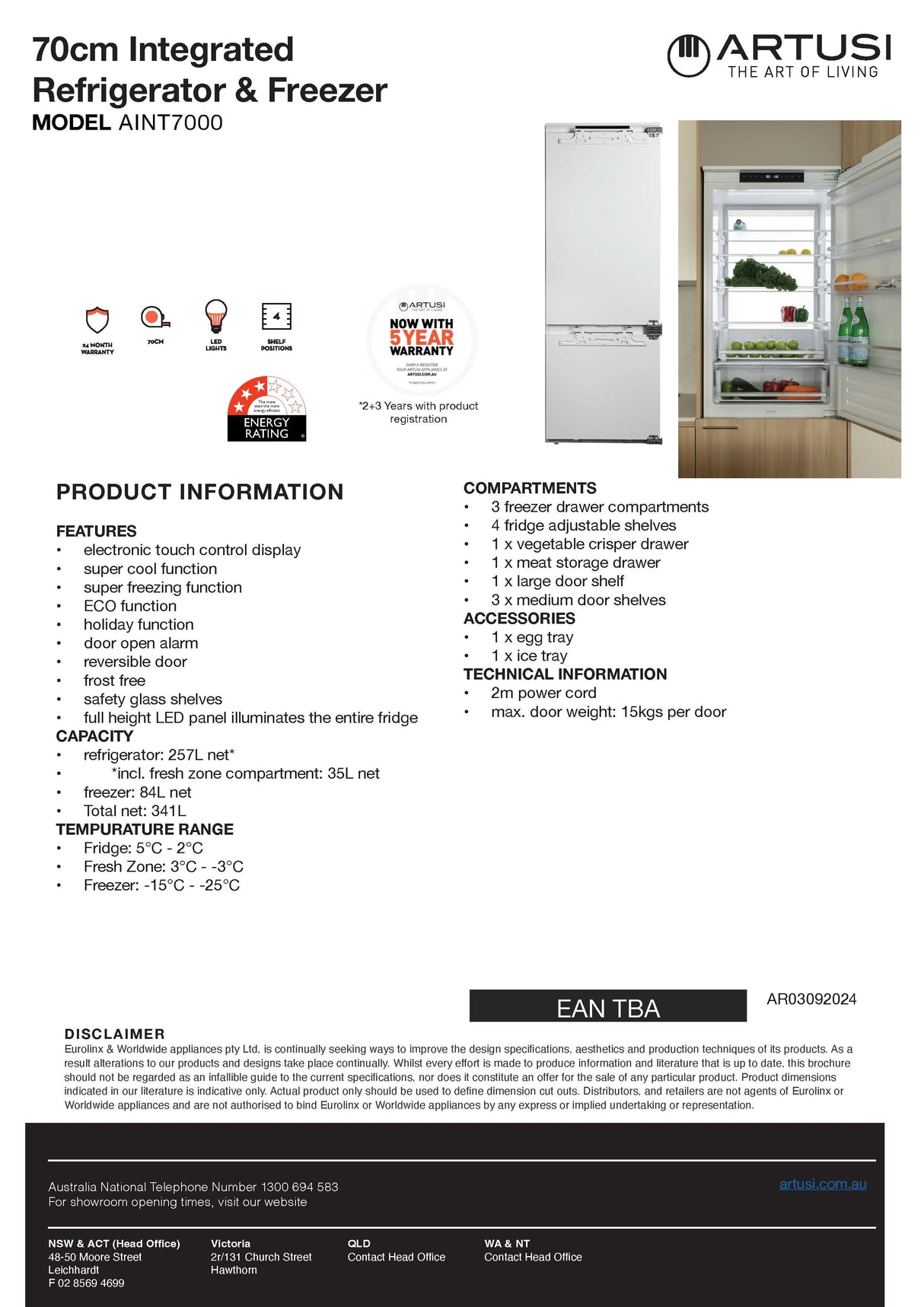 Artusi AINT7000 350L Integrated Bottom Mount Fridge