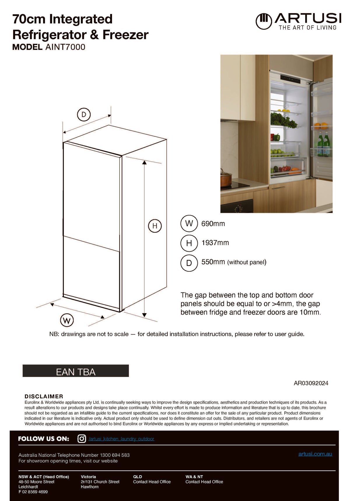 Artusi AINT7000 350L Integrated Bottom Mount Fridge