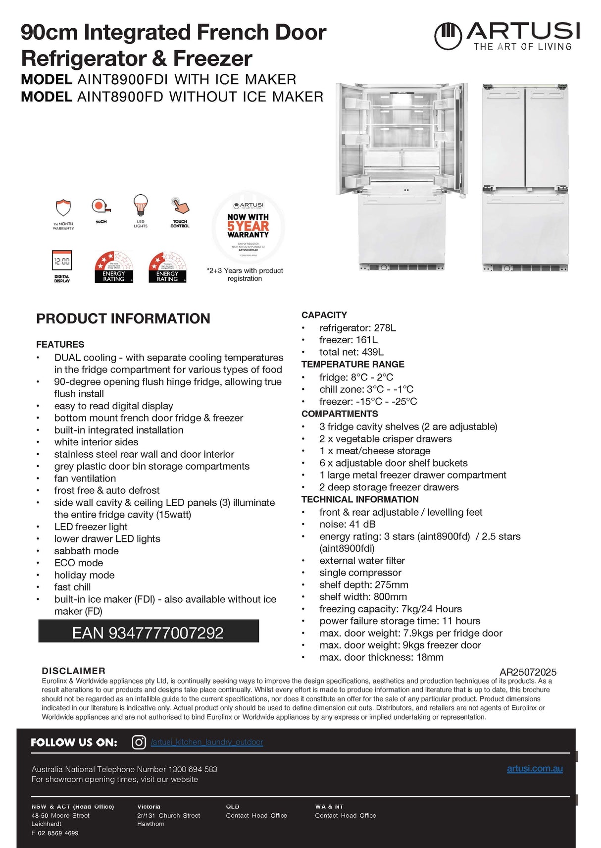 Artusi AINT8900FDI 90cm 439L Integrated French Door Refrigerator wit Ice Maker