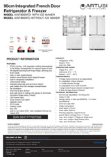 Artusi AINT8900FDI 90cm 439L Integrated French Door Refrigerator wit Ice Maker