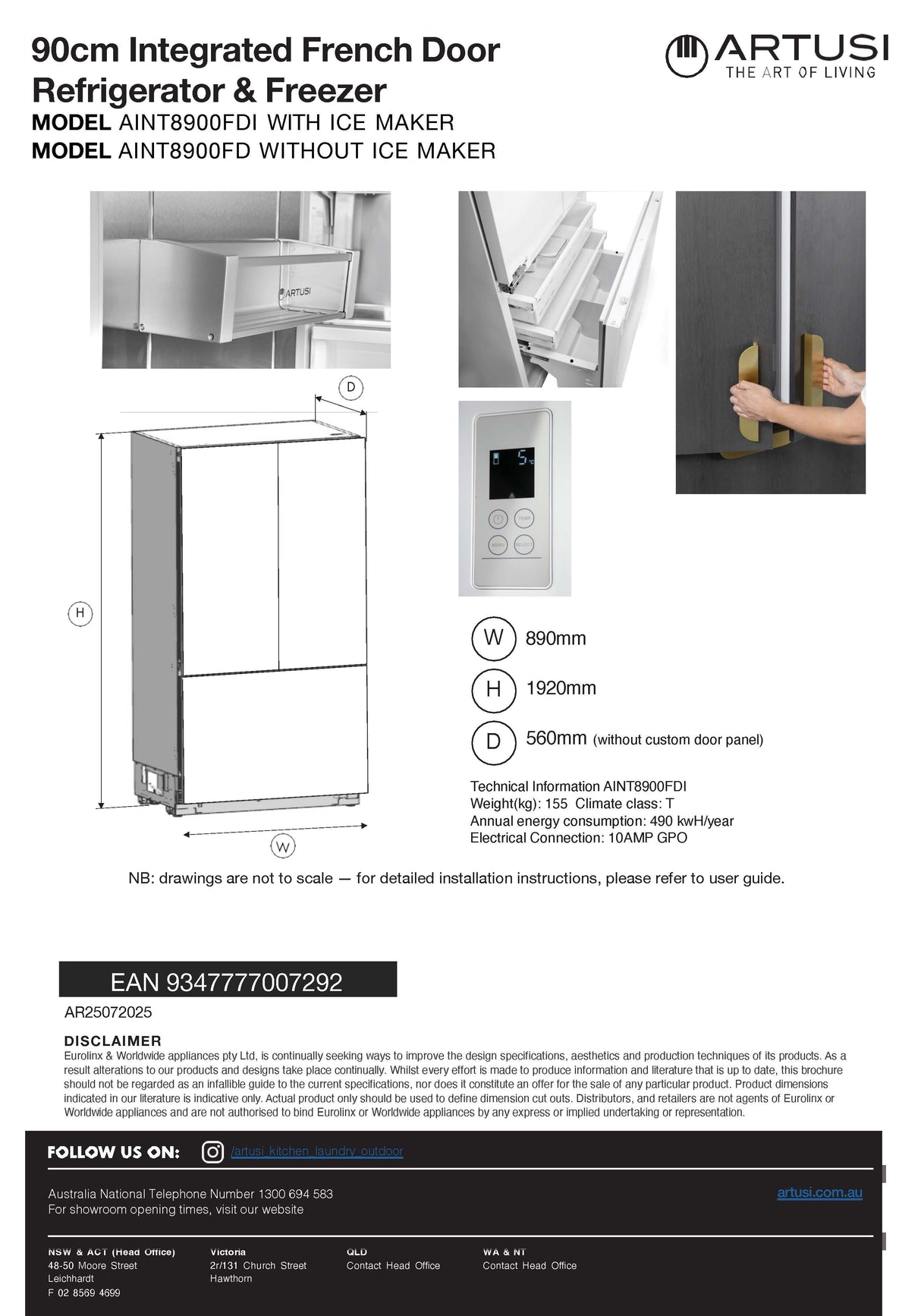 Artusi AINT8900FDI 90cm 439L Integrated French Door Refrigerator wit Ice Maker